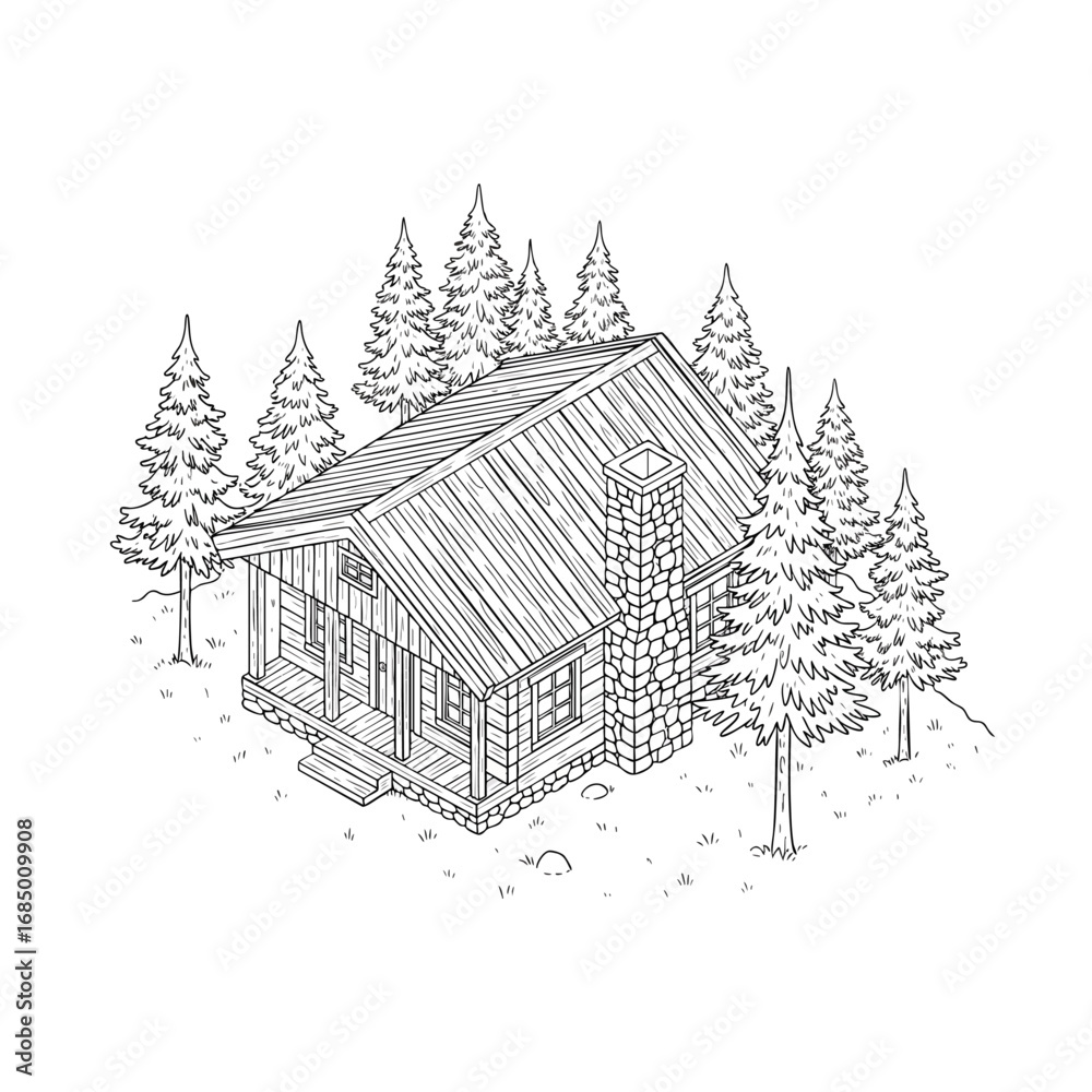 Fototapeta premium A charming handdrawn log cabin with a stone chimney nestled among evergreen pine trees.