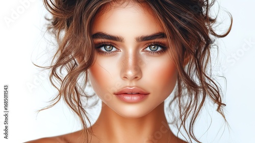 Close - up of Young Woman with Wavy Hair, Green Eyes and Natural Makeup