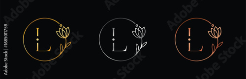 Botanical Gold, Silver & Rose Gold Letter L Logo Vector. Minimalist Floral Monogram for Wedding Invitations and Beauty Branding.