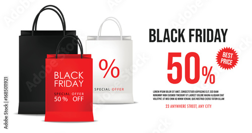 Realistic shopping bags on white background. Black friday paper bags set. Isolated Vector