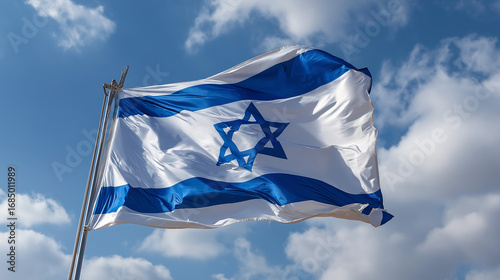 Israel flag waving in the wind against a blue sky patriotic symbol image