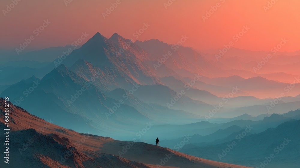 Fototapeta premium Solitary Figure Gazing at Majestic Mountain Range at Sunset Landscape