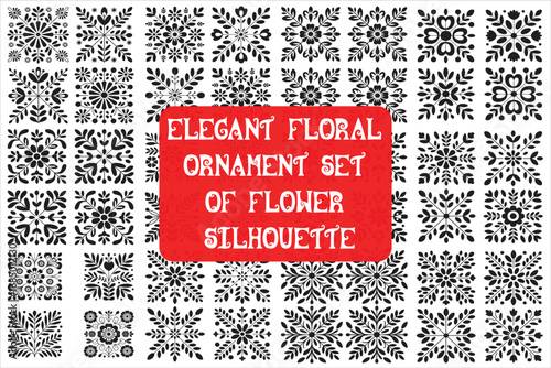 Elegant Floral Ornament in a timeless black and white style, featuring a beautiful collection of flower silhouettes.