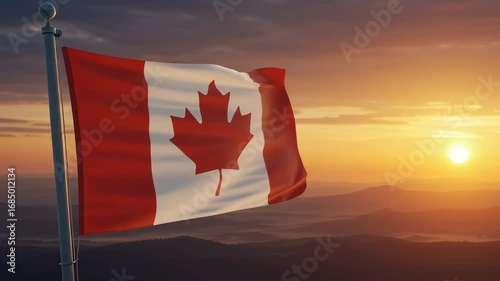 AI-generated abstract the Canadian flag waving against a stunning sunset over mountains and valleys