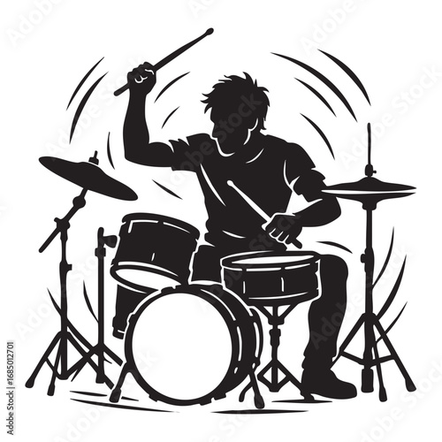 Black silhouette of a drummer mid-performance, musical and dynamic vector.