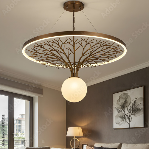 Artistic circular chandelier featuring an intricate golden tree branch design and a glowing frosted globe, hanging in a modern living room