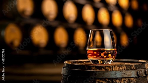 A glass of whiskey sitting on top of a wooden barrel