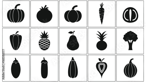 Black and white produce icons pumpkin tomato