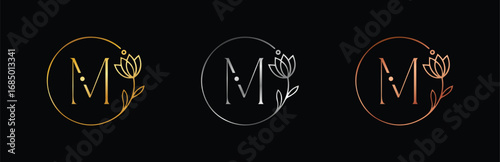 Feminine Gold, Silver & Rose Gold Floral Letter M Logo. Luxury Vector for Wedding Monograms and Business Branding.