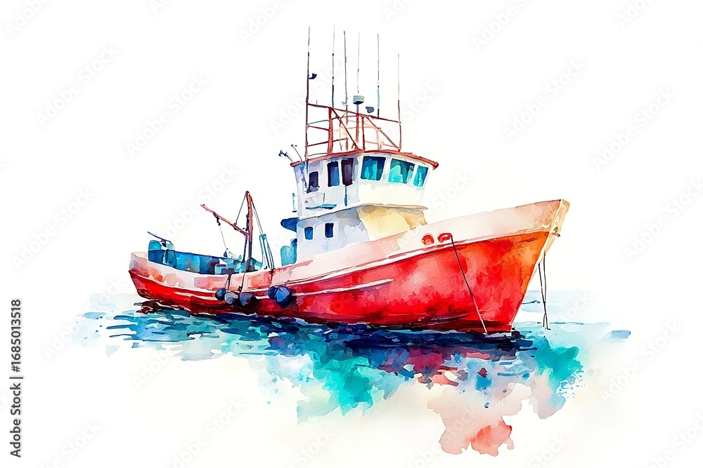 Naklejka premium Vivid Watercolor Painting of a Fishing Boat on Calm Water.