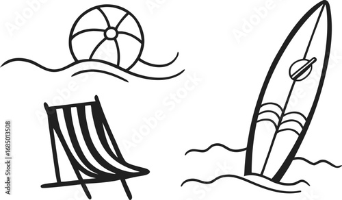 Beach Icons Set with Surfboard, Deck Chair, and Ball – Minimal Summer Vacation Line Art for Travel, Holiday Posters, Web Design, and Coastal Lifestyle Graphics – Black Outline Vector Style
