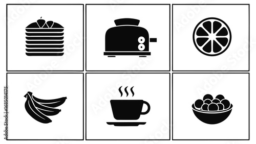 Breakfast food and drink icons pancakes strawberries