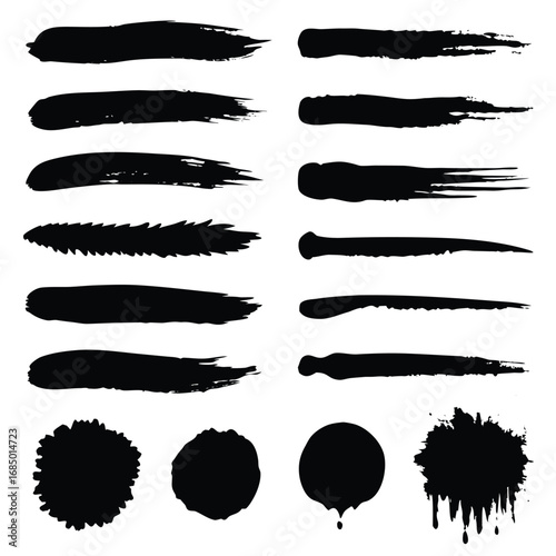Diverse Black Ink Brush Strokes and Splatters paint splashes