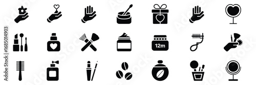 Beauty & Self-Care Icon Set – 24 Black Silhouette Symbols for Cosmetics, Skincare, and Personal Wellness