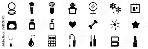 Beauty & Self-Care Icon Set – 24 Black Silhouette Symbols for Cosmetics, Skincare, and Personal Wellness