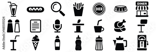 Restaurant & Dining Icon Set – 20 Black Silhouette Symbols for Food, Drinks, and Service Elements
