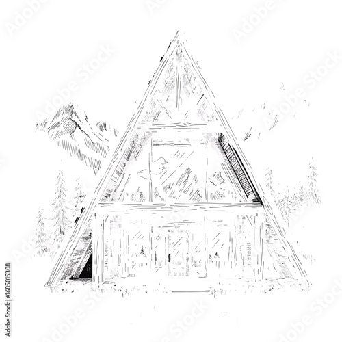 A rustic wooden Aframe cabin in a mountain forest depicted in a black and white line art sketch.