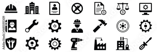 Construction & Administration Icon Set – Black Line Art Symbols for Engineering, Legal, and Industrial Themes