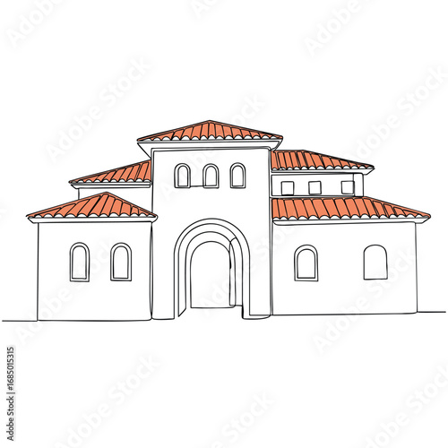 A line drawing illustration of a Mediterraneanstyle villa with a red terracotta tile roof.