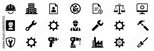 Construction & Administration Icon Set – Black Line Art Symbols for Engineering, Legal, and Industrial Themes