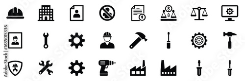 Construction & Administration Icon Set – Black Line Art Symbols for Engineering, Legal, and Industrial Themes