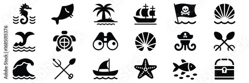 Ocean Adventure Icon Set – Black Silhouette Symbols for Marine Life, Sailing, and Nautical Themes