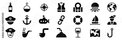 Maritime Icon Set – Black Line Art Symbols for Nautical, Sailing, and Sea Adventure Themes