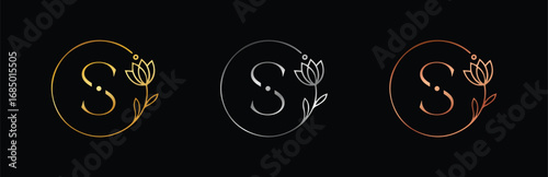 Feminine Gold, Silver & Rose Gold Letter S Logo Vector. Hand-Drawn Floral Monogram for Wedding and Personal Branding.