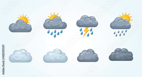 Weather forecast icon set featuring sun clouds and rain vector illustration for weather apps and meteorological presentations