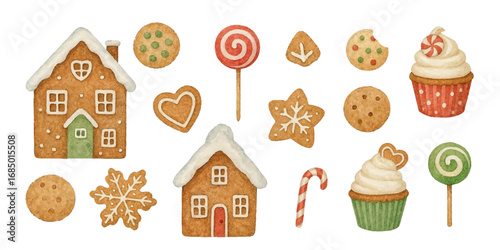 Christmas watercolor illustration set with gingerbread houses, cookies, cupcakes, candy canes, lollipops, caramel sweets, festive holiday elements, isolated on white background, perfect for packaging,