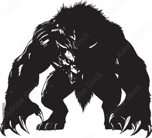 Silhouette of a fearsome werewolf creature with sharp claws and hulking muscular form in monochrome artistic style