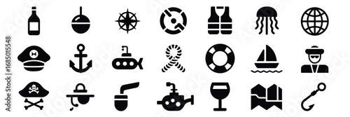 Maritime Icon Set – Black Line Art Symbols for Nautical, Sailing, and Sea Adventure Themes