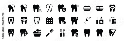 Dental Icon Set – Black and White Line Art Symbols for Dentistry, Clinics, and Oral Care