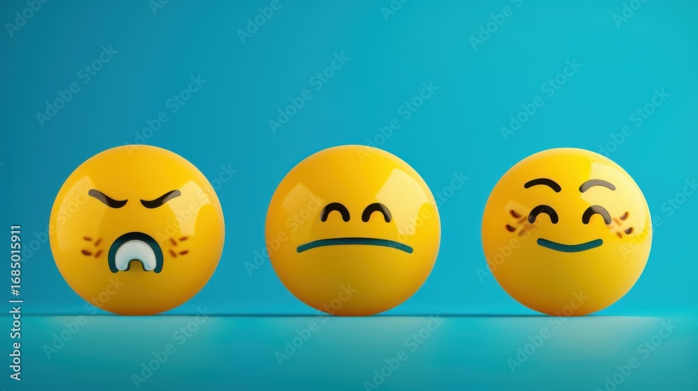 Fototapeta premium Cute Cartoon 3D Smiling Face: Yellow Character with Joyful Expression, Vector Icon Illustration