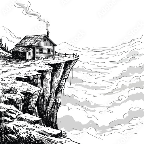 A rustic wooden log cabin with a smoking chimney perched on a high rocky cliff edge above the clouds.