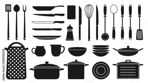 Kitchen utensils and cookware collection pots pans