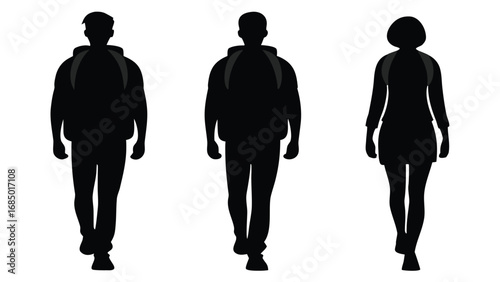 Silhouettes of people walking with backpacks black