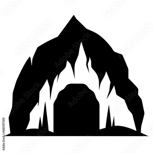 Black silhouette of a cave entrance with flames
