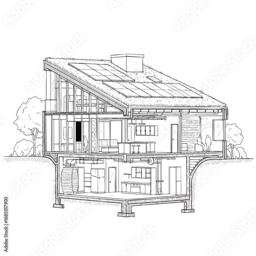 Architectural crosssection illustration of a modern sustainable house with solar panels.