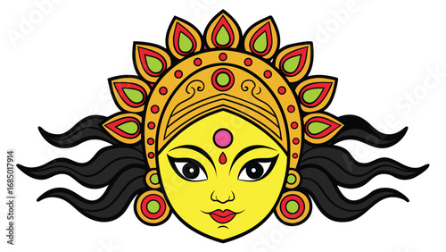 Yellow faced deity with ornate headdress and flowing black hair
