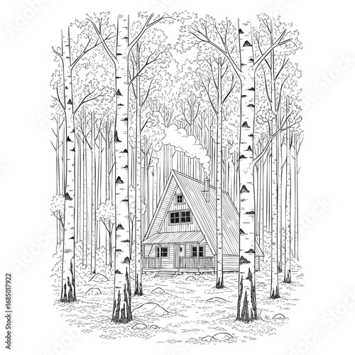 Aframe cabin with a smoking chimney nestled in a dense birch tree forest line art illustration.