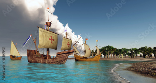 Obraz na plátně Santa Maria, Nina und Pinta von Christoph Kolumbus vor einer Insel