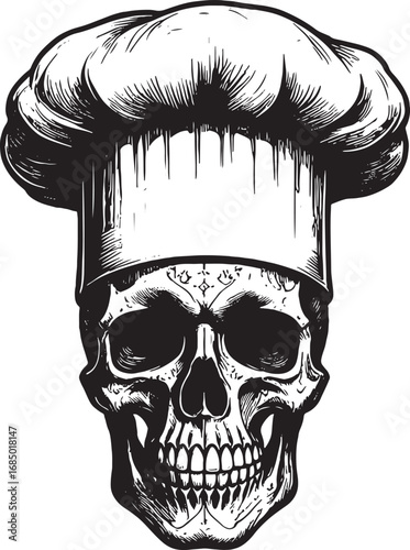 Skull Chef Wearing a Toque Illustration for Culinary Arts and Halloween Theme Design