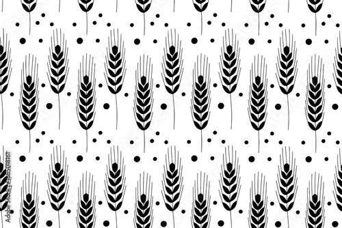 Seamless Pattern: Black Wheat Stalks and Dots on White Background