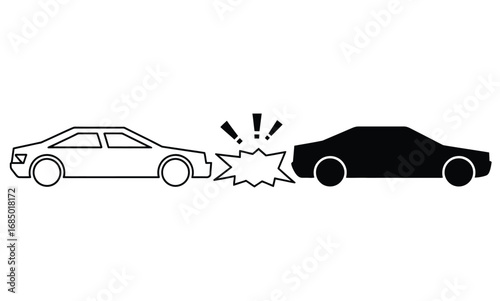 Dynamic car crash scene depicted with contrasting black and white vehicles, illustrating impact and collision with graphic exclamation marks.