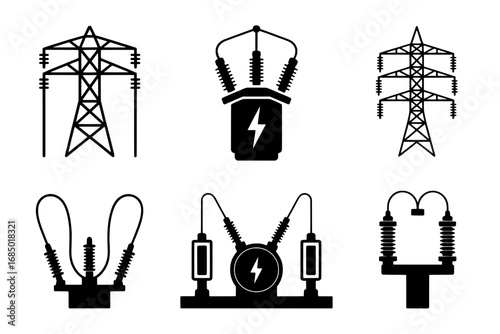 Six Black Electrical Power Icons: Transmission Towers, Transformers, and Circuit Breakers