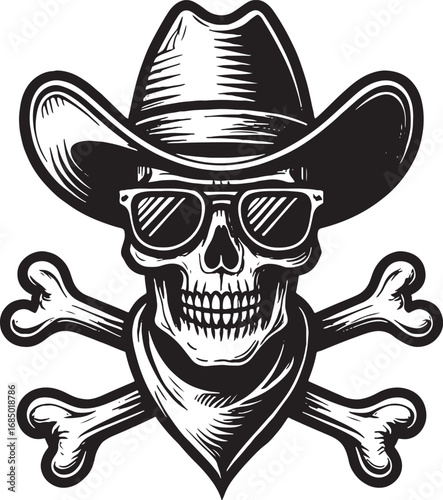 Skull wearing cowboy hat and sunglasses with crossed bones outlaw wild west illustration design concept for tattoo sticker or logo artwork