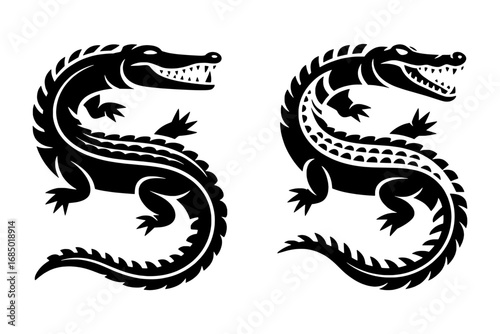 Two Stylized Alligator/Crocodile Icons: Black, S-Shaped, Tribal Design, Vector Graphics