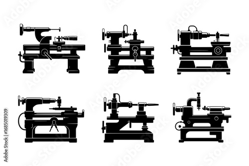 Six Silhouette Icons of Vintage Lathes and Milling Machines: Industrial Machinery Graphics