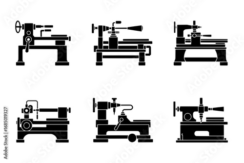 Six Black Silhouette Icons of Vintage Lathes and Machine Tools in a 3x2 Grid